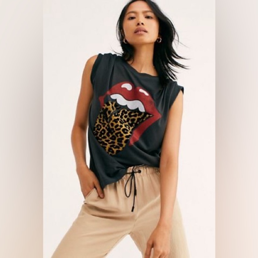Daydreamer x Free People Rolling Stones flocked leopard print tongues tee Ash XS